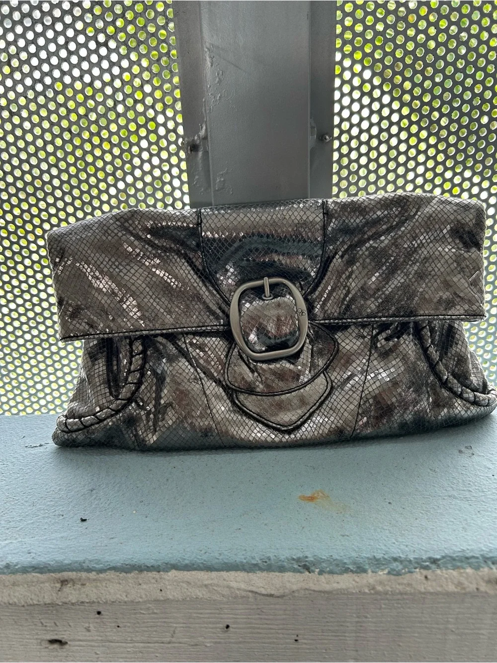 Jessica Simpson Metallic Snake-Effect Foldover Clutch in Gunmetal Bronze